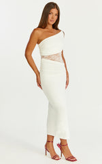 Juliet Midi Dress - One Shoulder Lace Contrast Bodycon Dress in Ivory